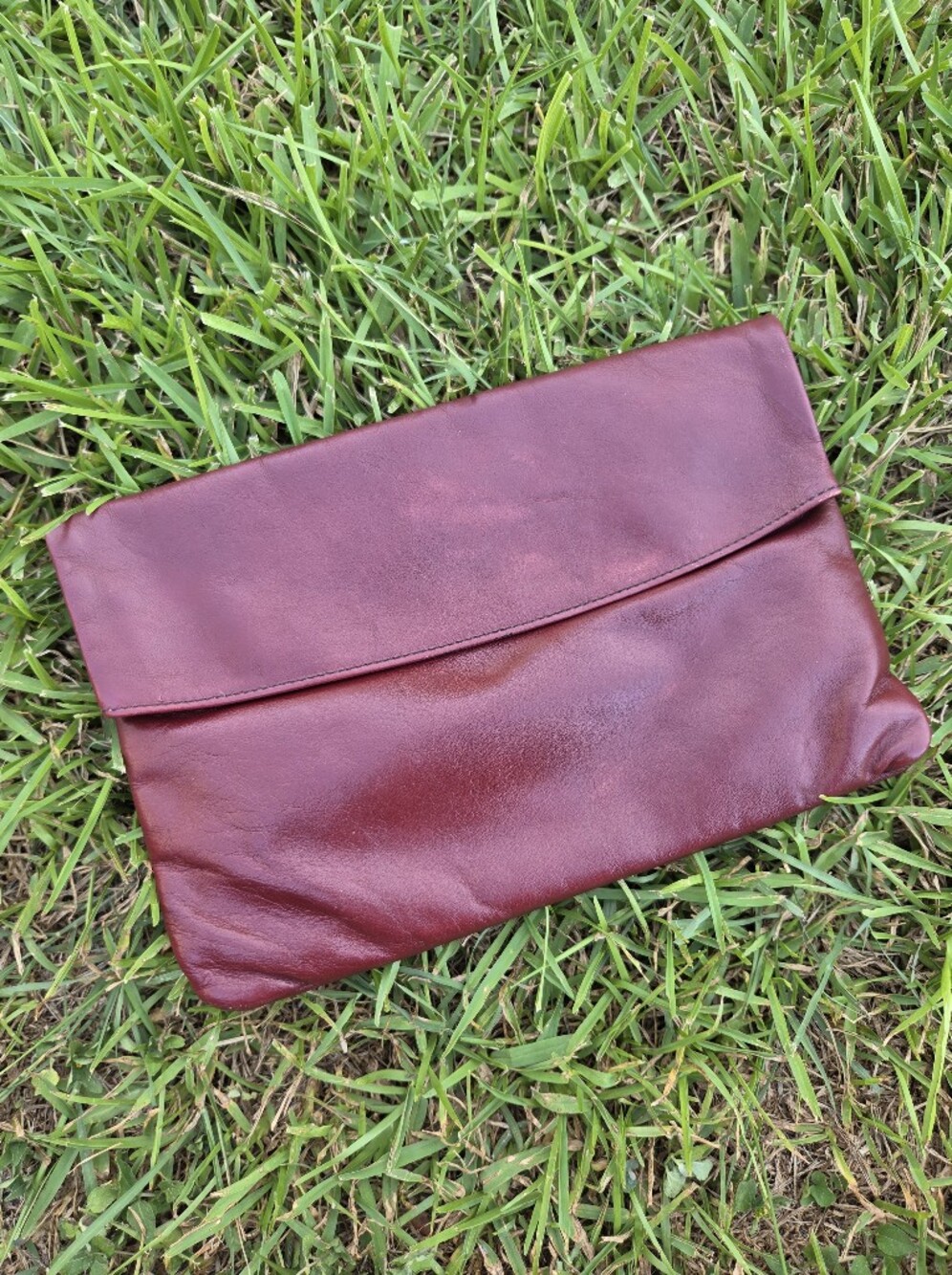 Vintage Leather Fold-Over Clutch - Wine Red